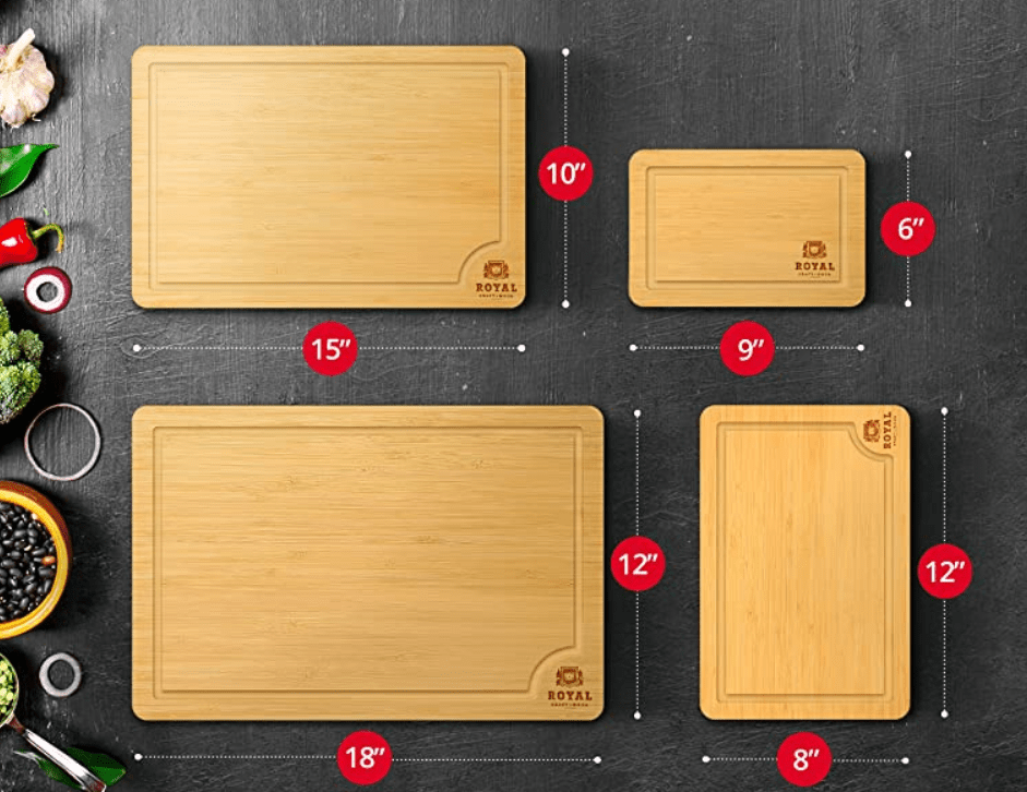 ROYAL CRAFT WOOD Wooden Cutting Boards for Kitchen Meal Prep & Serving -  Bamboo Wood Serving Board Set with Deep Juice Groove Side Handles 