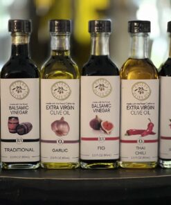 savory sampler pack, savory gift set, savory olive oils, thai chili, garlic, basil, traditional balsamic, raspberry balsamic, fig balsamic