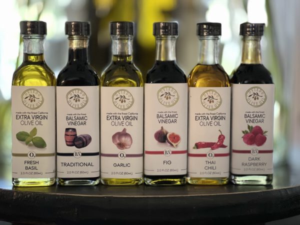 savory sampler pack, savory gift set, savory olive oils, thai chili, garlic, basil, traditional balsamic, raspberry balsamic, fig balsamic