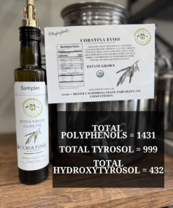 Coratina EVOO, highest polyphenol olive oil, non-bitter olive oil, bold olive oil. single estate olive oil