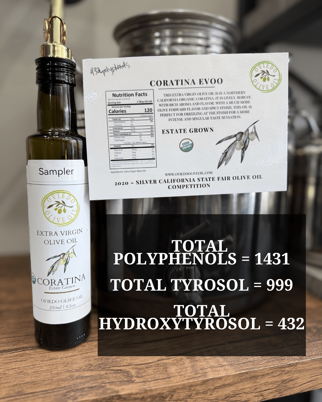 Coratina EVOO, highest polyphenol olive oil, non-bitter olive oil, bold olive oil. single estate olive oil