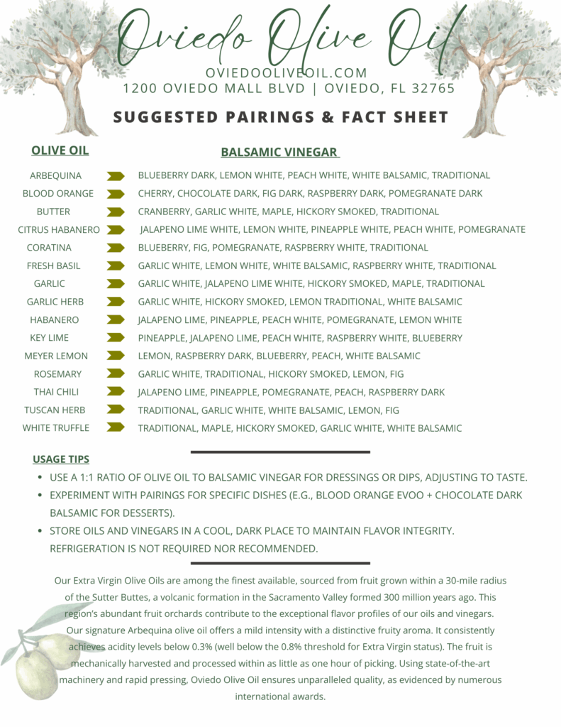 Pairing sheet, pairing olive oil and balsamic vinegar flavors