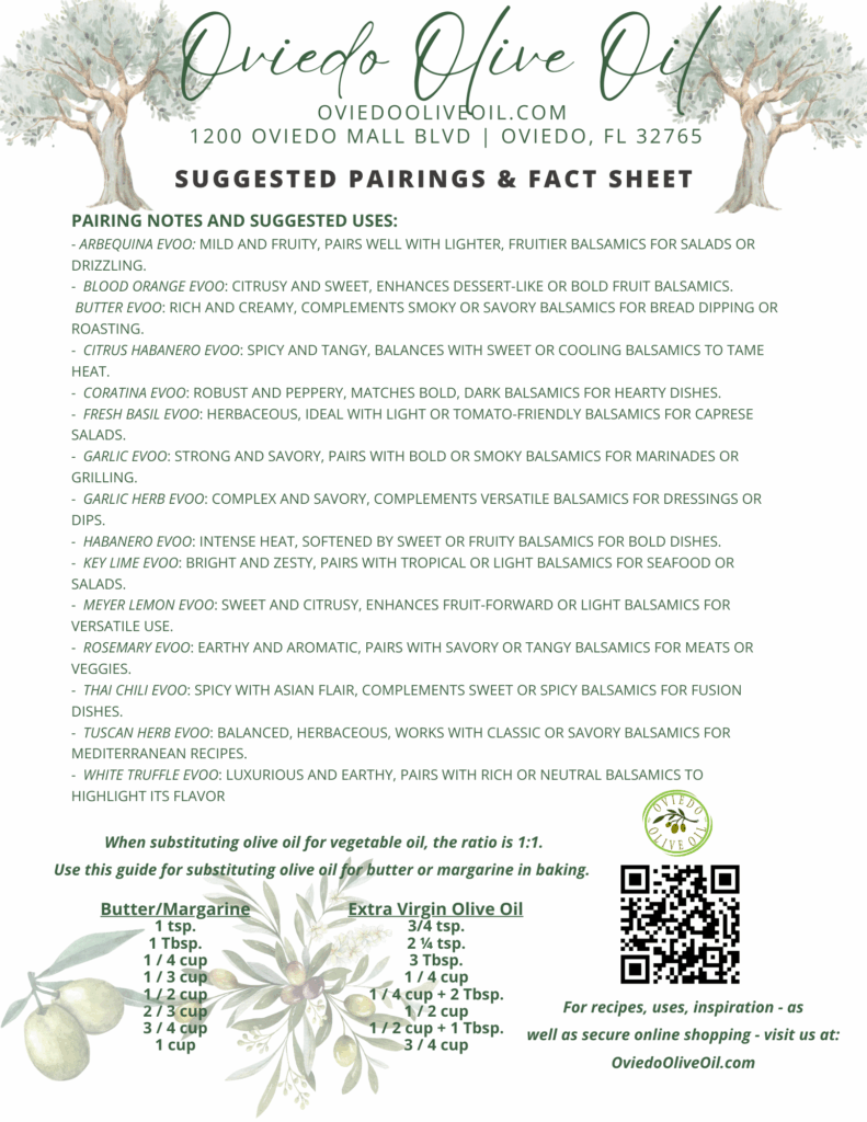 Pairing olive oil and balsamic vinegar with specific foods.