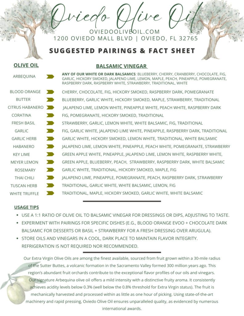 Pairing sheet, pairing olive oil and balsamic vinegar flavors, recipes & specials, recipes, suggested uses